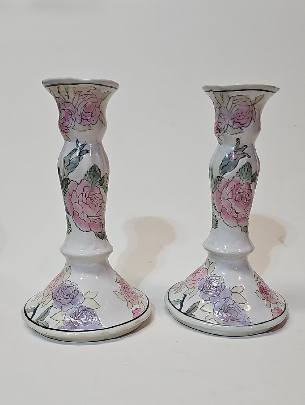 Vintage H.F.P. Macau Toyo Porcelain Candle Holders - Pink & Lavender Roses
